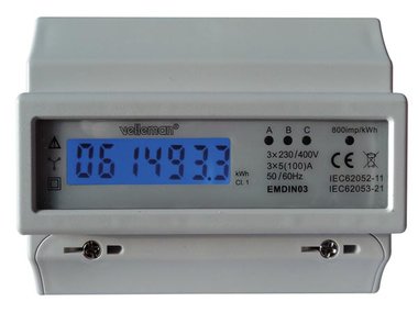 DRIEFASIGE kWh-METER VOOR DIN-RAIL MONTAGE - 7 MODULES - PROFESSIONEEL GEBRUIK (EMDIN03)