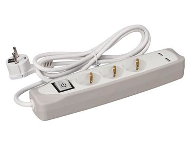 3-VOUDIGE STEKKERDOOS MET SCHAKELAAR - 2 USB-POORTEN - 1.5 m KABEL - GRIJS/WIT - RANDAARDE (EB3CGUSB-G)