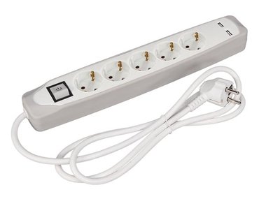 5-VOUDIGE STEKKERDOOS MET SCHAKELAAR - 2 USB-POORTEN - 1.5 m KABEL - GRIJS/WIT - RANDAARDE (EB5CGUSB-G)